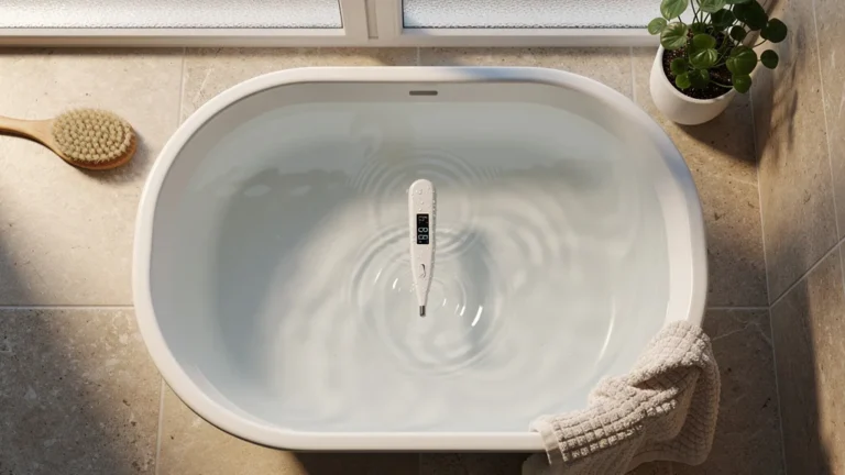 Thermomètre de bain flottant testé à 14 euros dans une baignoire claire, ambiance relaxante et réaliste