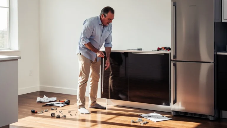 Homme déçu devant meuble bas bloqué par frigo, regrette de ne pas avoir testé l’ouverture de porte