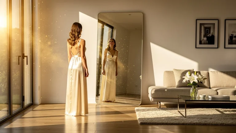 Intérieur lumineux avec miroir reflétant et doublant la lumière naturelle de la pièce moderne