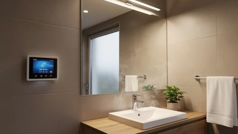 Salle de bain moderne sans buée grâce à la VMC réglée sur grand débit, miroir clair sans ouvrir la fenêtre