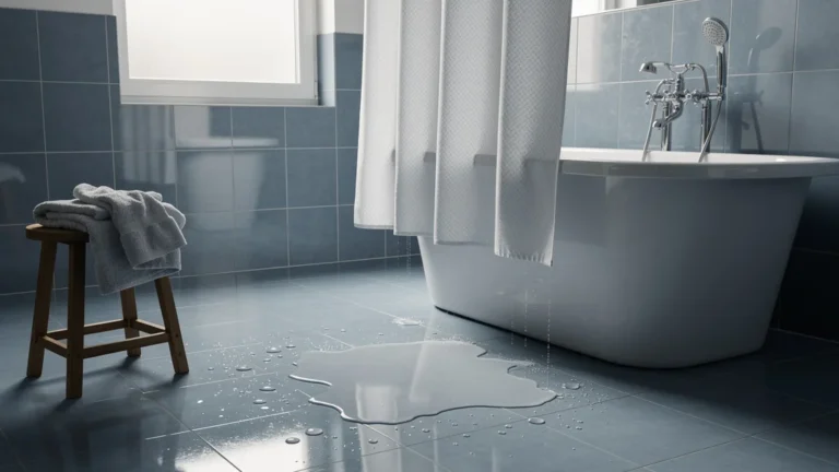 Puddle on bathroom floor caused by too short shower curtain à chaque douche