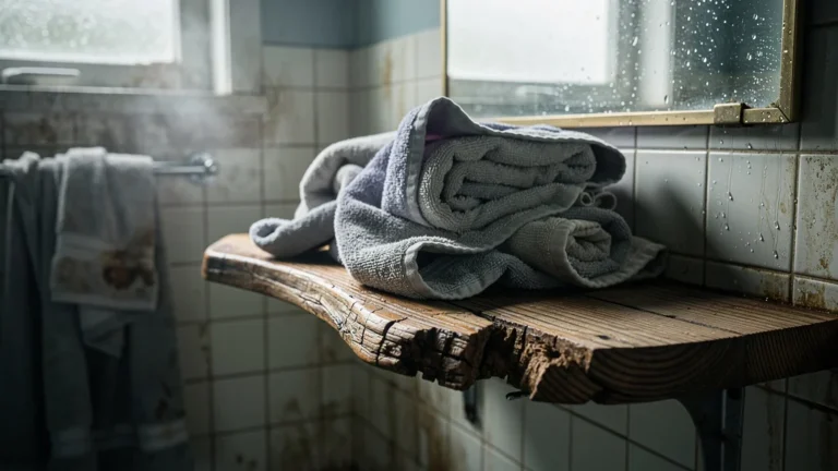 Étagère gondolée par l'humidité à cause de serviettes mal rangées, dégâts visibles dans une salle de bain