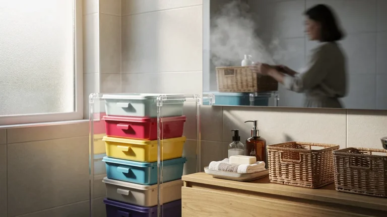 Double stratégie rangement salle de bain avec boîtes empilables et paniers en osier décoratifs