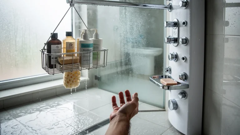 Mon avis sur les paniers suspendus de douche face aux colonnes d'angle dans une salle de bain moderne