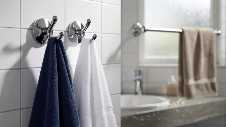 Comparaison entre patère double face et barre porte-serviettes dans une salle de bain moderne