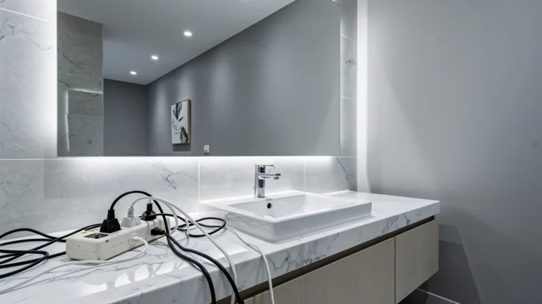 Rallonge moche posée près du miroir faute de prise, gâchant l’esthétique de la salle de bain moderne