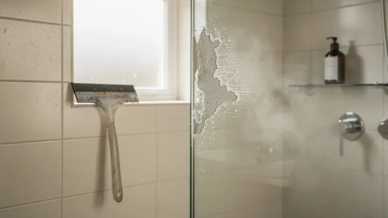 Trace de calcaire sur carrelage de douche due à une raclette mal rangée, dégâts visibles sur mur