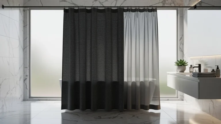 Rideau lesté élégant dans une salle de bain moderne, préféré au rideau lavable basique pour son efficacité