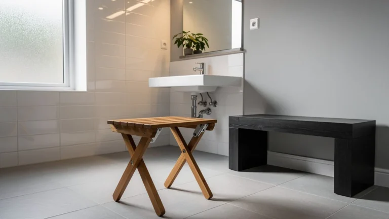 Salle de bain petite avec tabouret pliant en bois préférée à un banc fixe encombrant