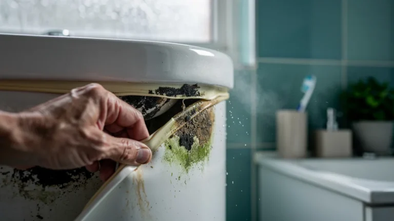 Découverte du vieux joint silicone moisi derrière le lavabo, préférer une crédence verre pour l'hygiène