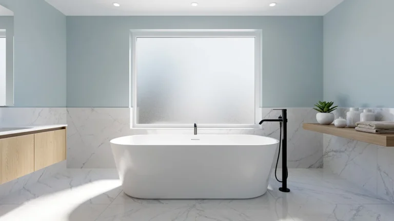 Baignoire acrylique moderne brillante dans une salle de bain élégante et lumineuse avec ambiance zen