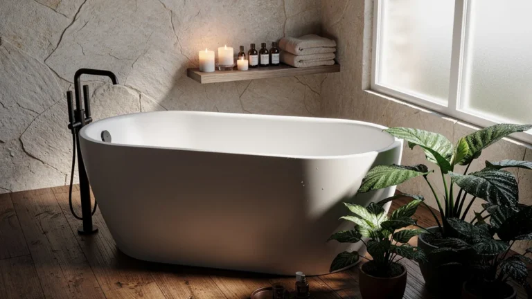 Baignoire sabot blanche lumineuse dans une salle de bain minimaliste avec lumière naturelle et plantes vertes