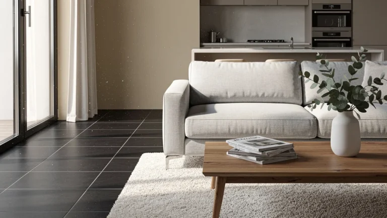 Intérieur moderne avec carrelage foncé anti-traces doublant l'efficacité du ménage quotidien