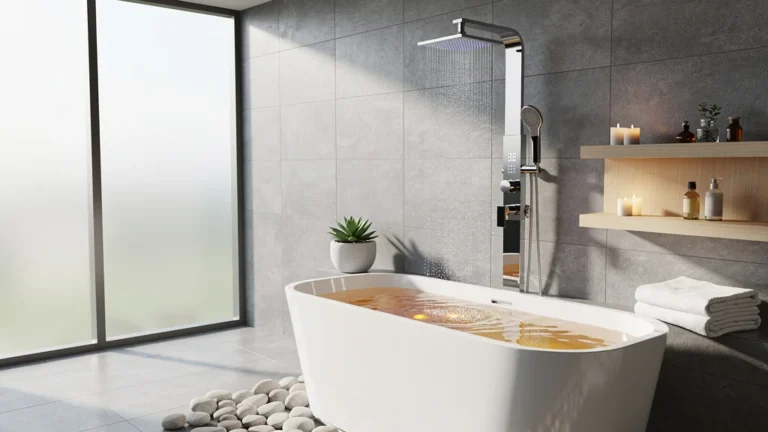 Colonne de douche baignoire moderne dans une salle de bain élégante et lumineuse au style contemporain