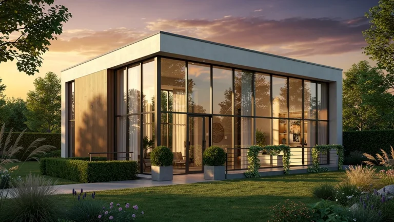 Façade moderne et élégante de l’Etablissement Laroch dans un jardin paysager soigné