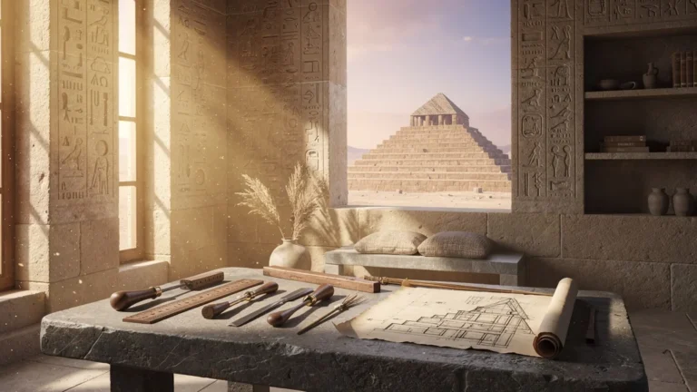 Atelier d'Imhotep architecte antique avec outils et pyramide en construction au lever du jour en lumière dorée