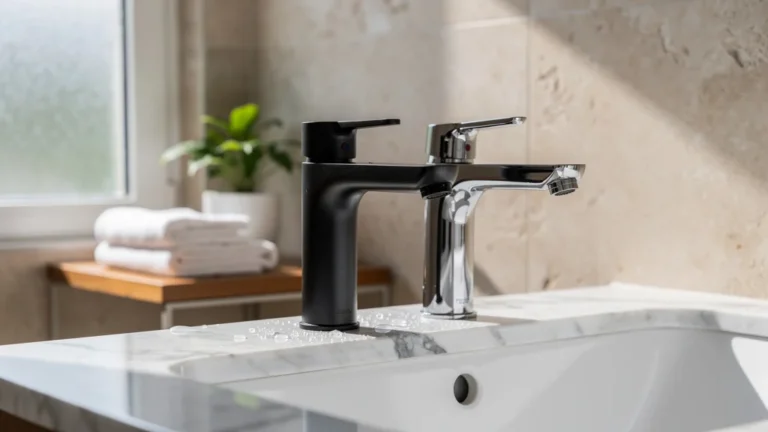 Comparaison réaliste matte noir et chrome en robinetterie dans salle de bain moderne élégante