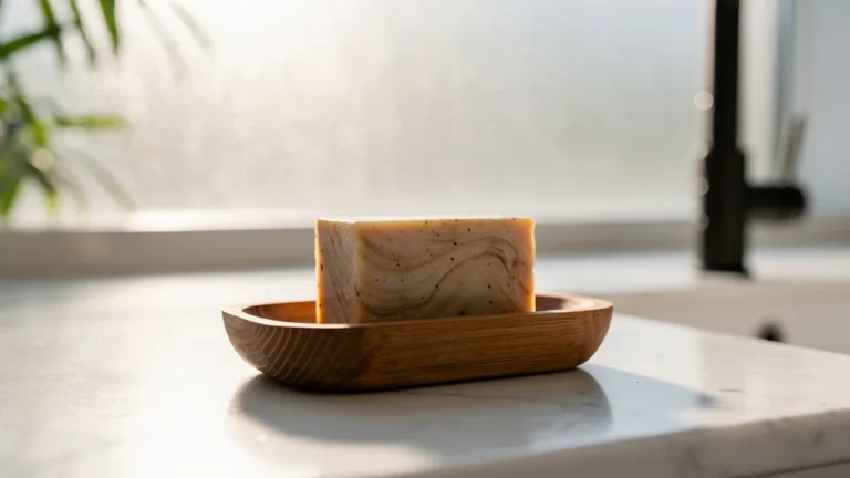 Savon solide posé sur un rebord de salle de bain minimaliste, libérant l’espace des flacons plastique