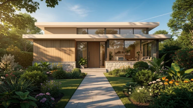 Maison moderne en lumière naturelle, jardin soigné, ambiance bien-être et aménagement intérieur direct