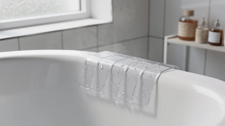 Bande antidérapante de baignoire claire et intacte après six mois sans jaunir, surface propre et lumineuse