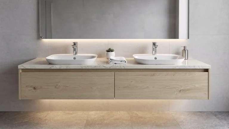 meuble double vasque moderne en bois clair avec plan en marbre et double miroir dans salle de bain élégante