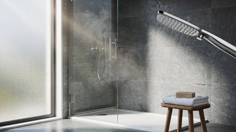 Salle de bain moderne impeccablement propre grâce à un pommeau filtrant anti-calcaire efficace