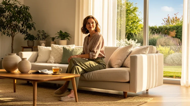 Portrait hyper-réaliste d'une rédactrice en aménagement intérieur, Osbery, dans un salon moderne baigné de lumière