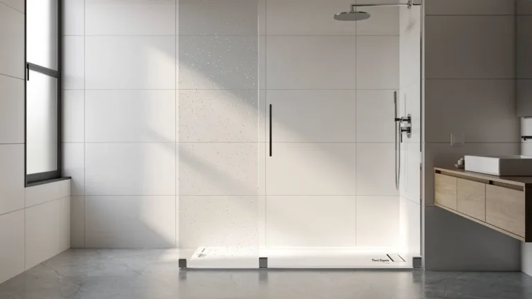 Paroie de douche en verre transparent dans une salle de bain moderne et lumineuse, design minimaliste et élégant