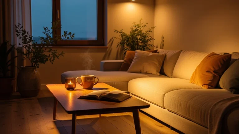 Salon chaleureux éclairé par des spots en lumière chaude pour des fins de soirée apaisantes