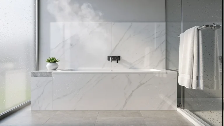 Salle de bain moderne avec plaque PVC murale blanche et gris clair, ambiance propre et lumineuse