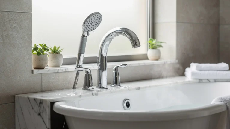 Robinet de baignoire avec douchette chrome moderne dans salle de bain lumineuse et élégante
