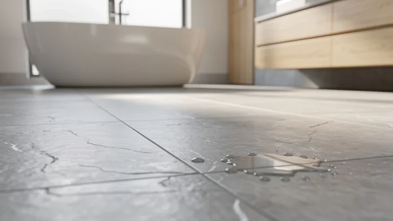 sol salle de bain moderne en carrelage gris mat avec lumière naturelle et ambiance zen