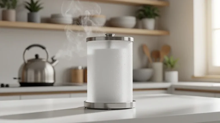 Porte-rouleau fermé protégeant le papier de la vapeur dans une cuisine moderne minimaliste